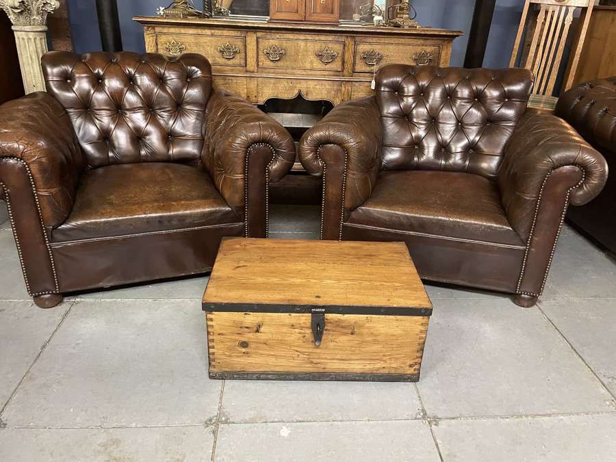 Rare pair of vintage roll back leather Chesterfield club chairs