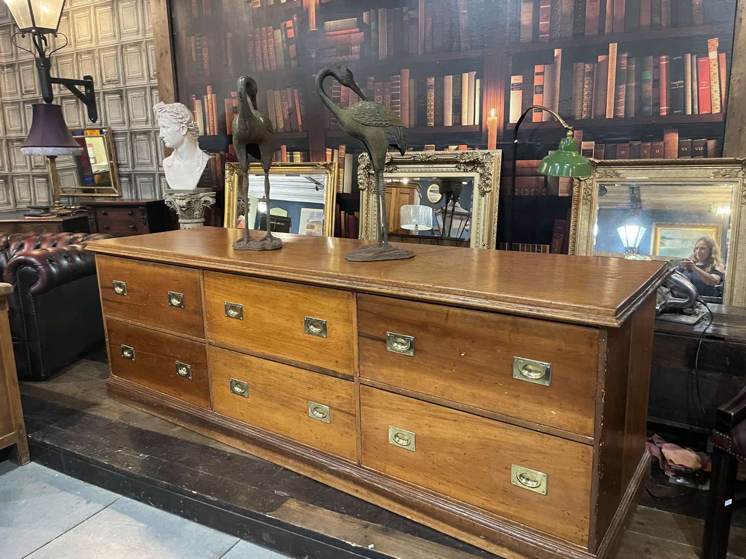 A F Sage & Company antique oak shop counter with brass handles