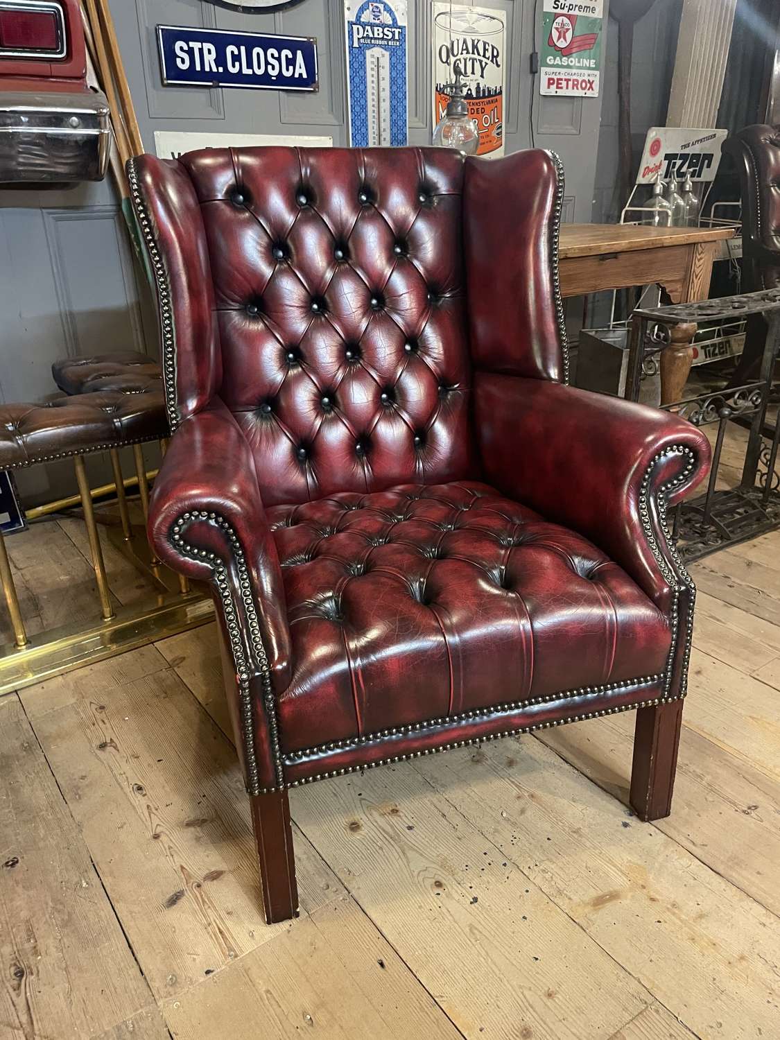 Chesterfield Oxblood leather full button leather wing chair