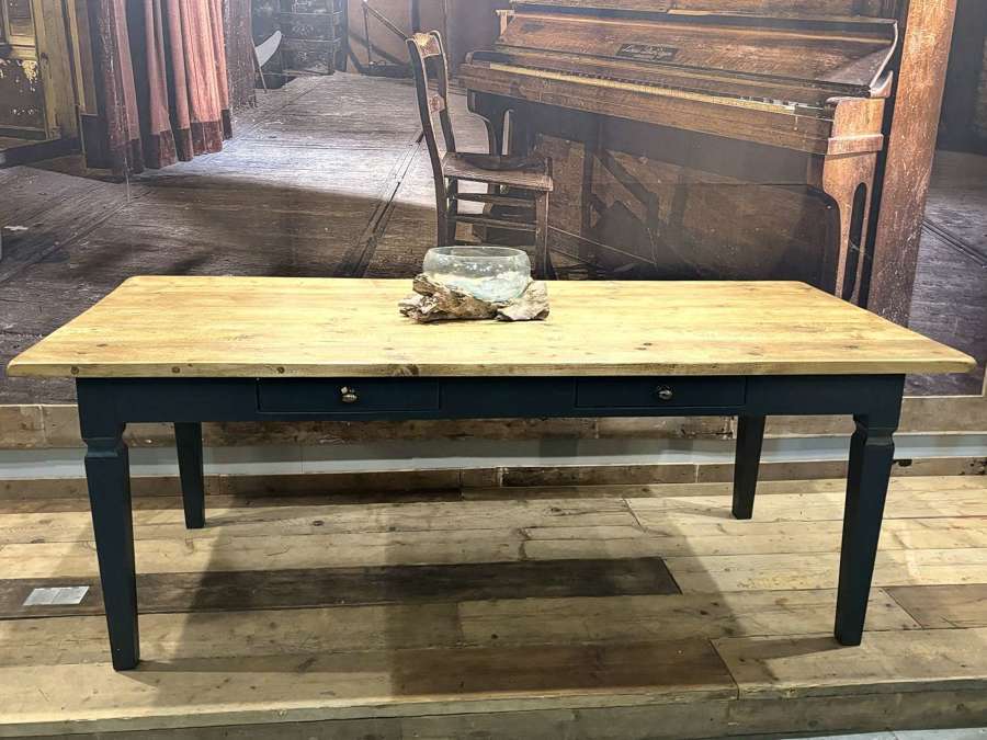 Reclaimed Pine Farmhouse dining table seats 8 comfortably painted base
