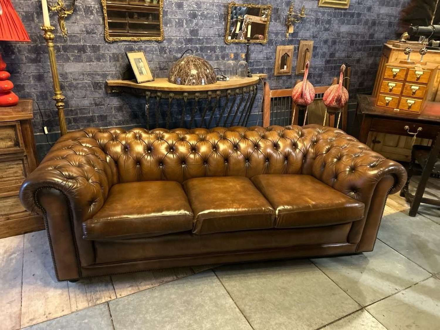 Cigar Brown 3 seater leather Chesterfield Sofa