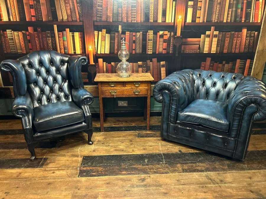 Matching Blue Leather Chesterfield Wing Chair and Club armchair