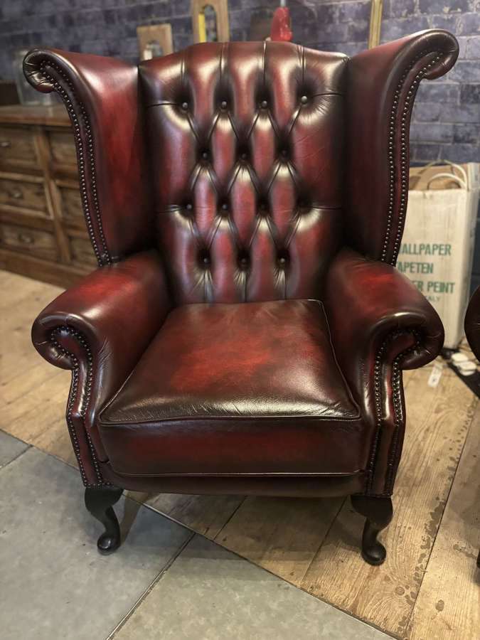 Oxblood Leather Queen Anne style Chesterfield Wing Armchair