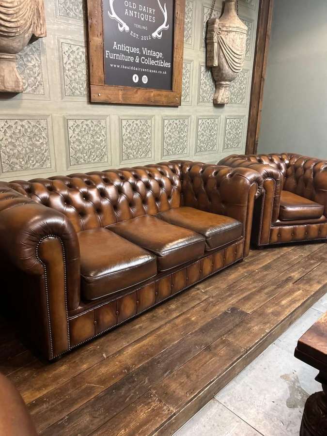 Large Cigar Tan 3 seater leather Chesterfield Sofa