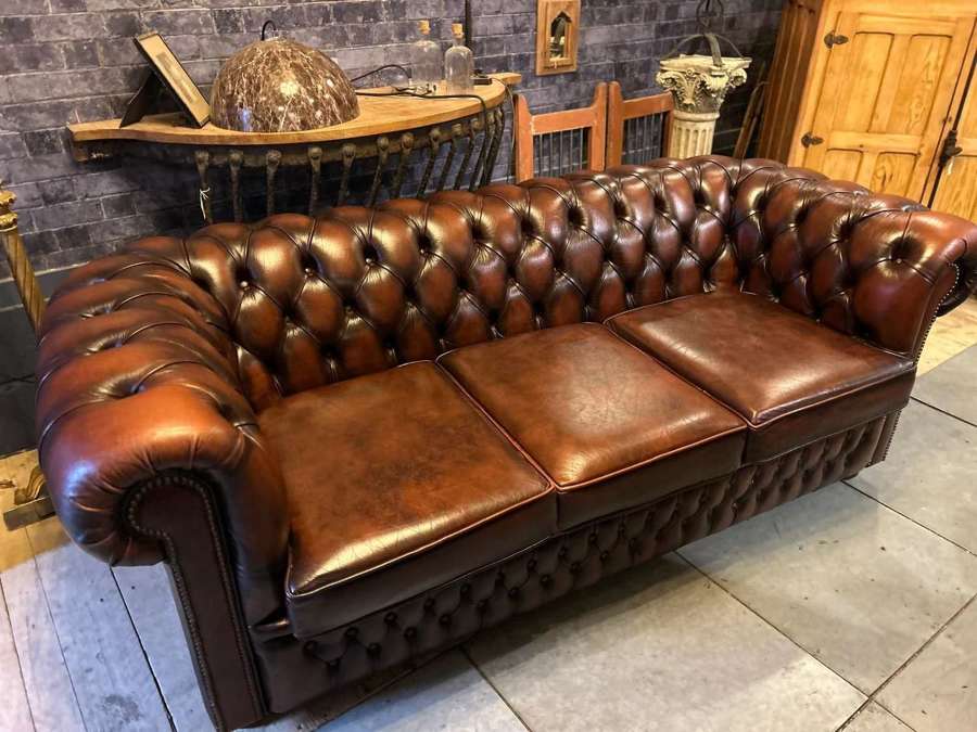 Coil Sprung Antique/Chestnut Tan 3 seater Chesterfield Sofa