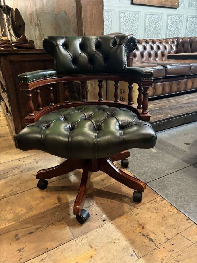 Green leather Chesterfield swivel  Captains Chair