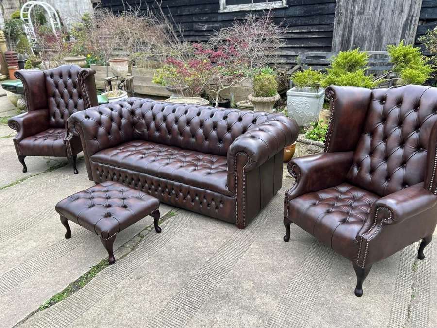 Full button tan leather Chesterfield suite, Sofa, Wing Chairs & Stool