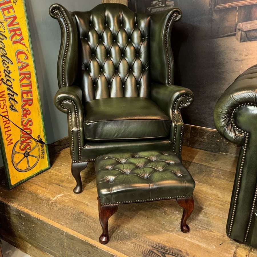 Olive Green Leather Queen Anne style wing armchair