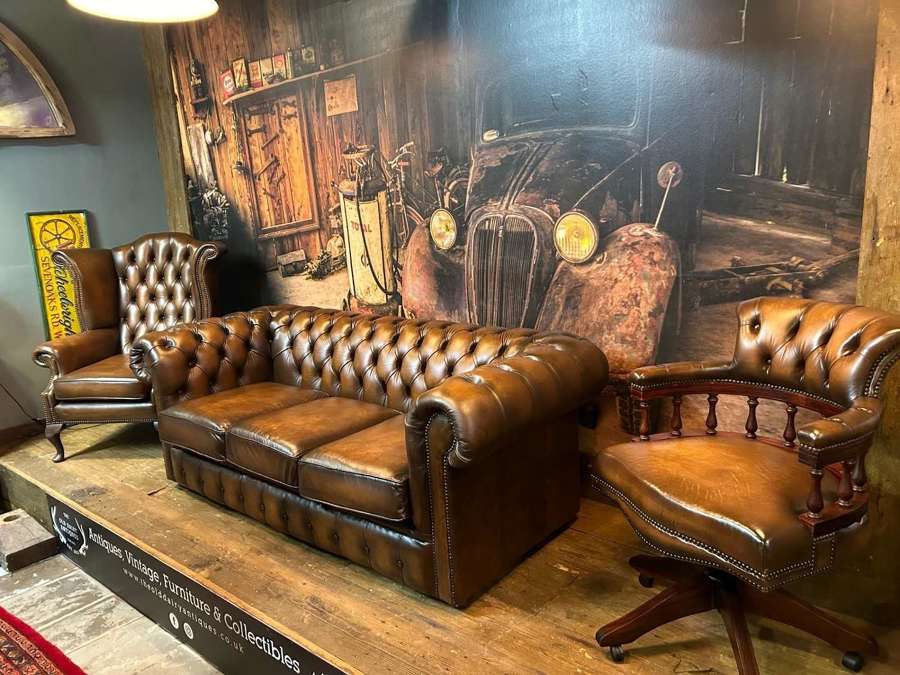 3 Seater Tan leather Chesterfield Sofa
