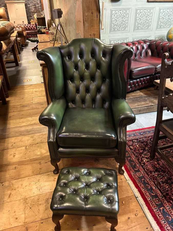 Queen Anne style Green Leather Chesterfield Wing Armchair & Footstool