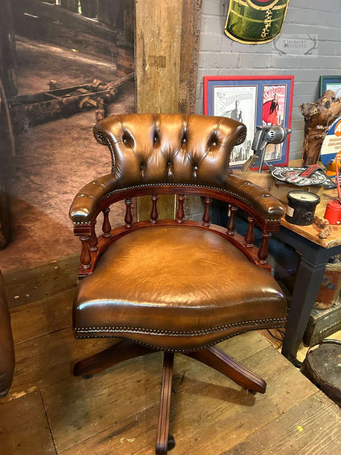 Antique Tan Leather Chesterfield Captains Chair.