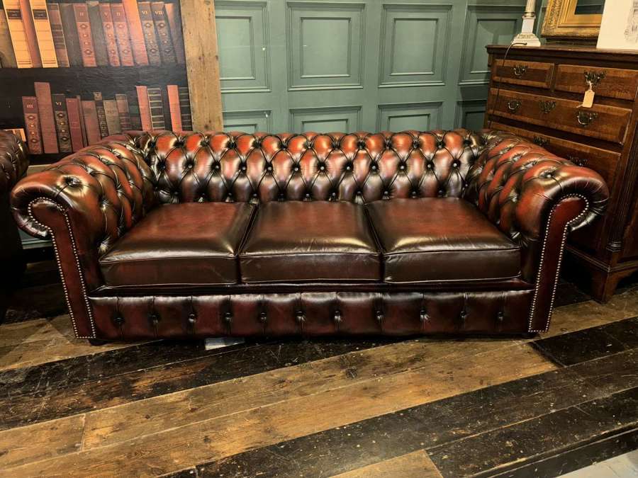 Oxblood leather 3 seater Chesterfield sofa
