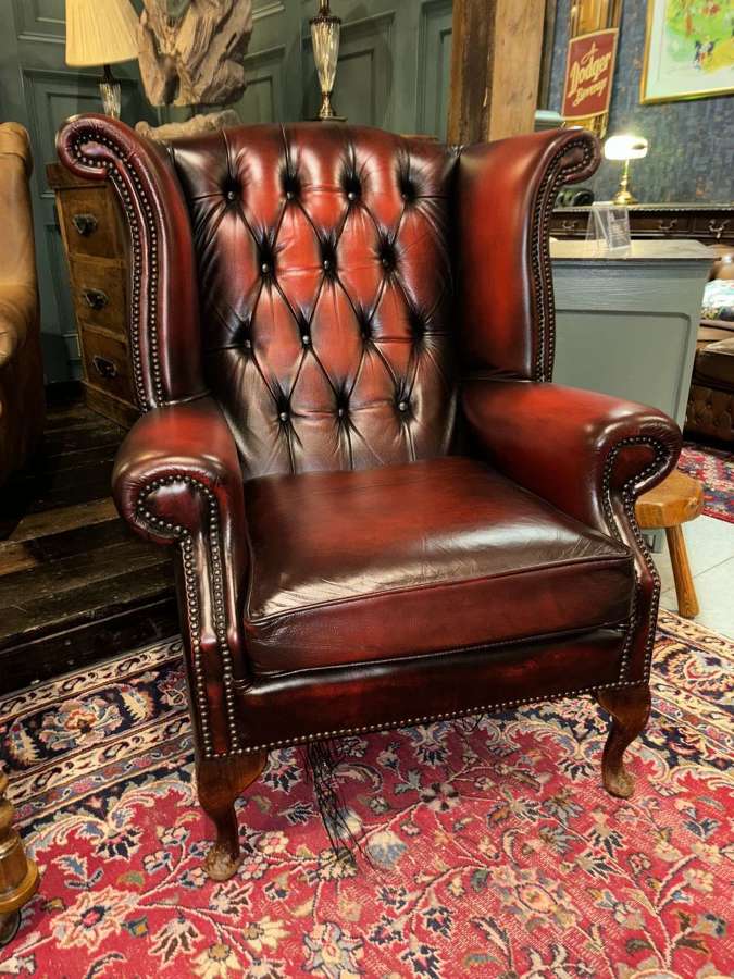 Queen Anne Chesterfield leather wing armchair