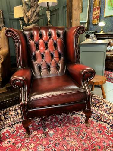 Queen Anne Chesterfield leather wing armchair