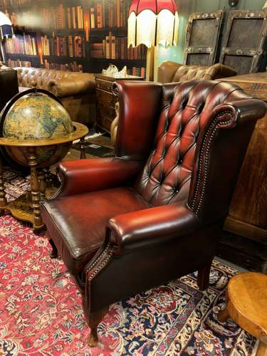 Queen Anne Chesterfield leather wing armchair