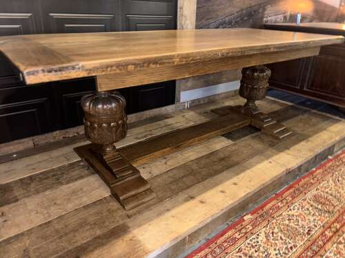 Solid Oak Refectory table with a carved Bulbous legs . Seats 8