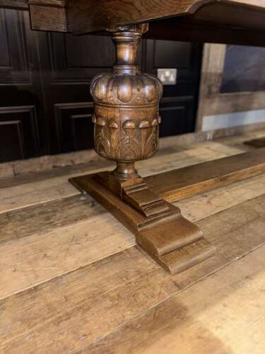 Solid Oak Refectory table with a carved Bulbous legs . Seats 8
