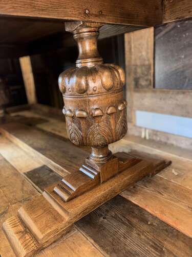 Solid Oak Refectory table with a carved Bulbous legs . Seats 8
