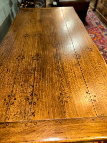 Solid oak refectory dining table. Seats up to 8.