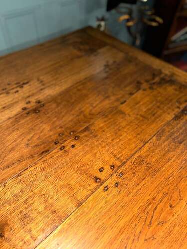 Solid oak refectory dining table. Seats up to 8.